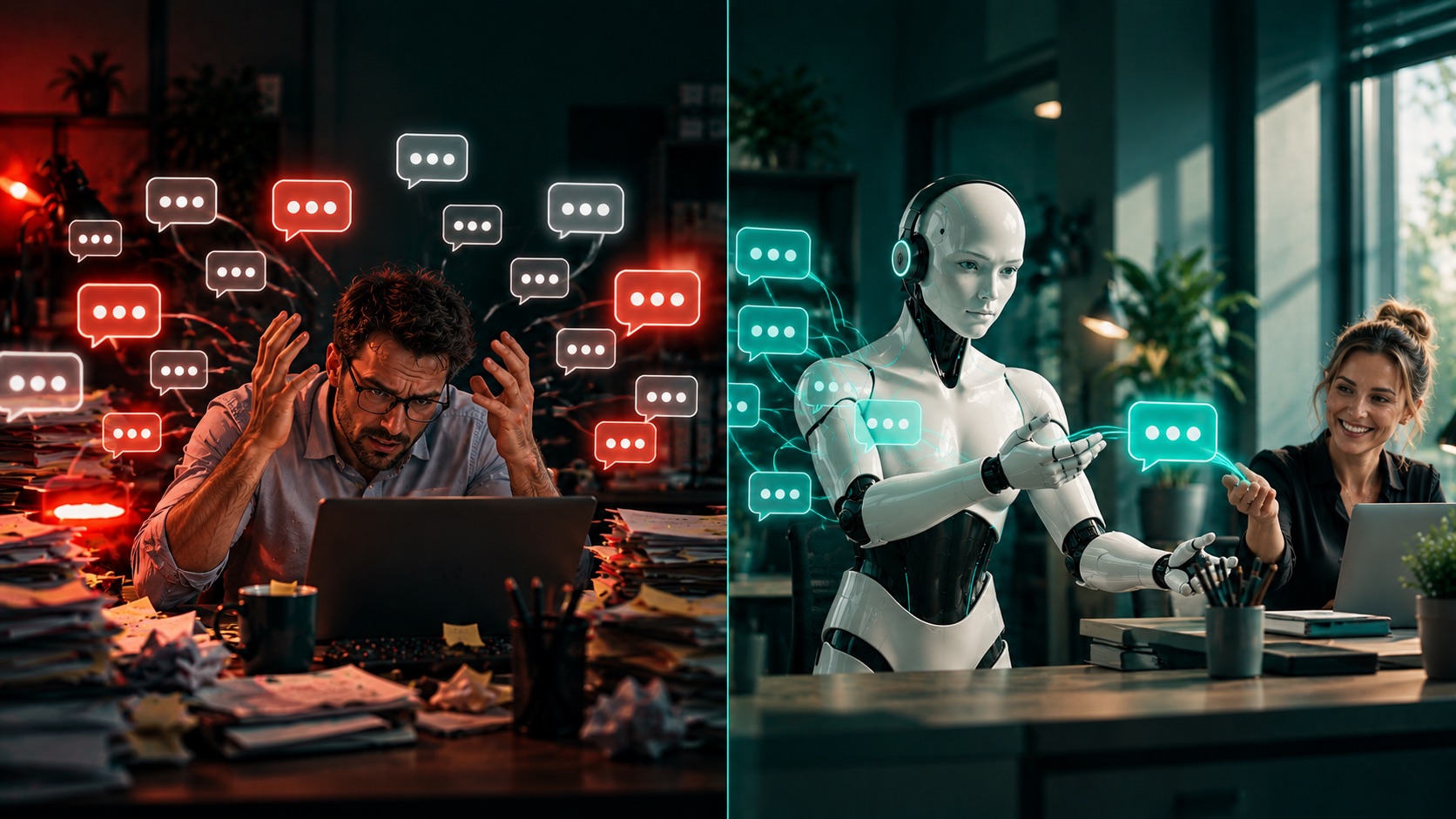 Links ein Mitarbeiter, der in Chat-Nachrichten untergeht, rechts der KI-Chat-Mitarbeiter, der sie sofort beantwortet.