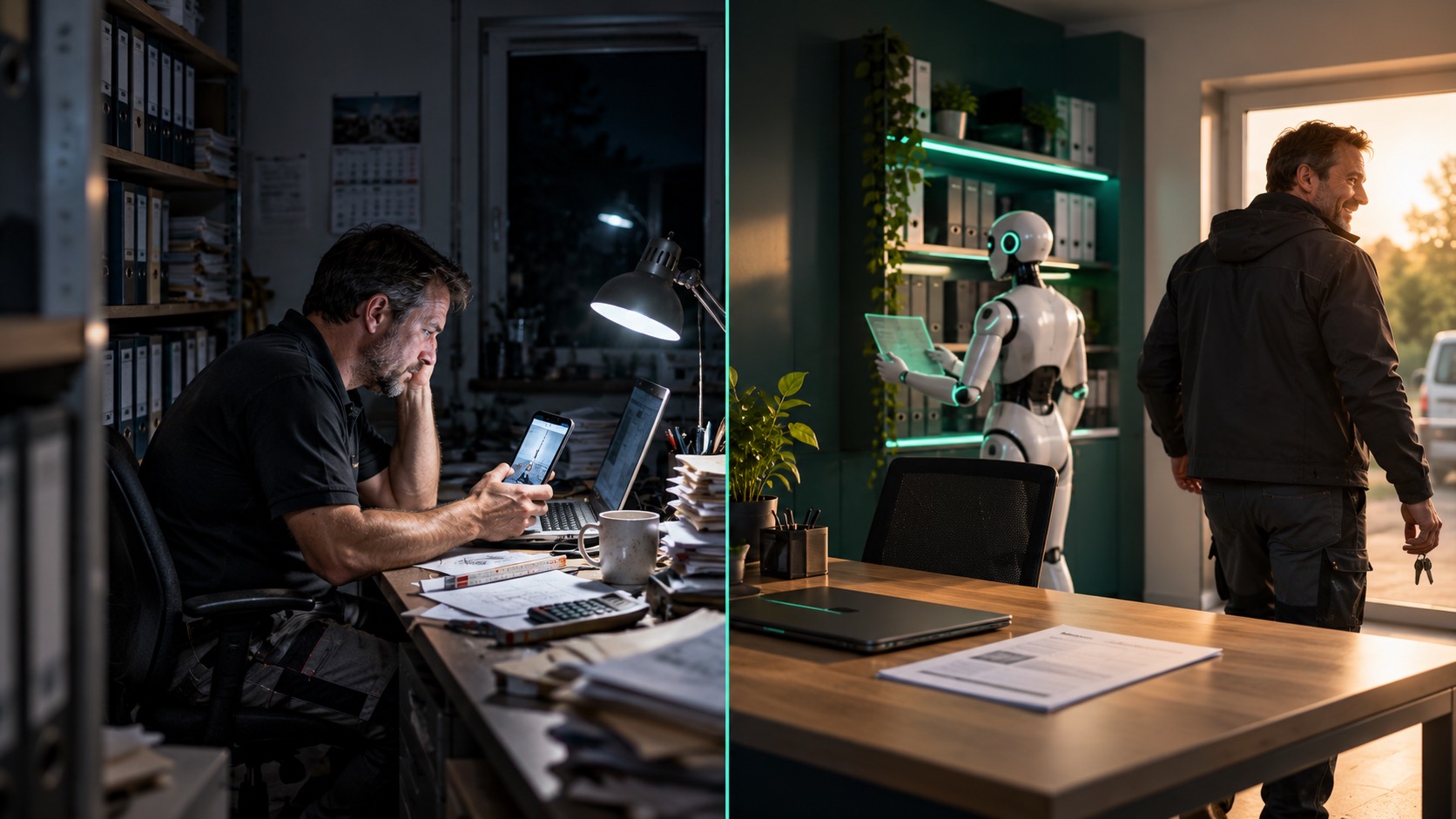 Links der Handwerksmeister abends allein im Büro zwischen Aufmaßzetteln und Stundenzetteln, rechts ein aufgeräumter Schreibtisch mit fertigen Angeboten, während er den Betrieb verlässt.